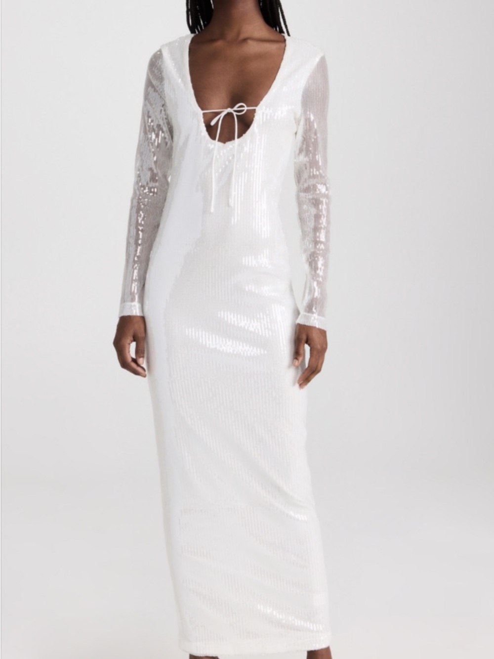 Lioness NWT White Sequin Long Sleeve Tie-Front Maxi Dress